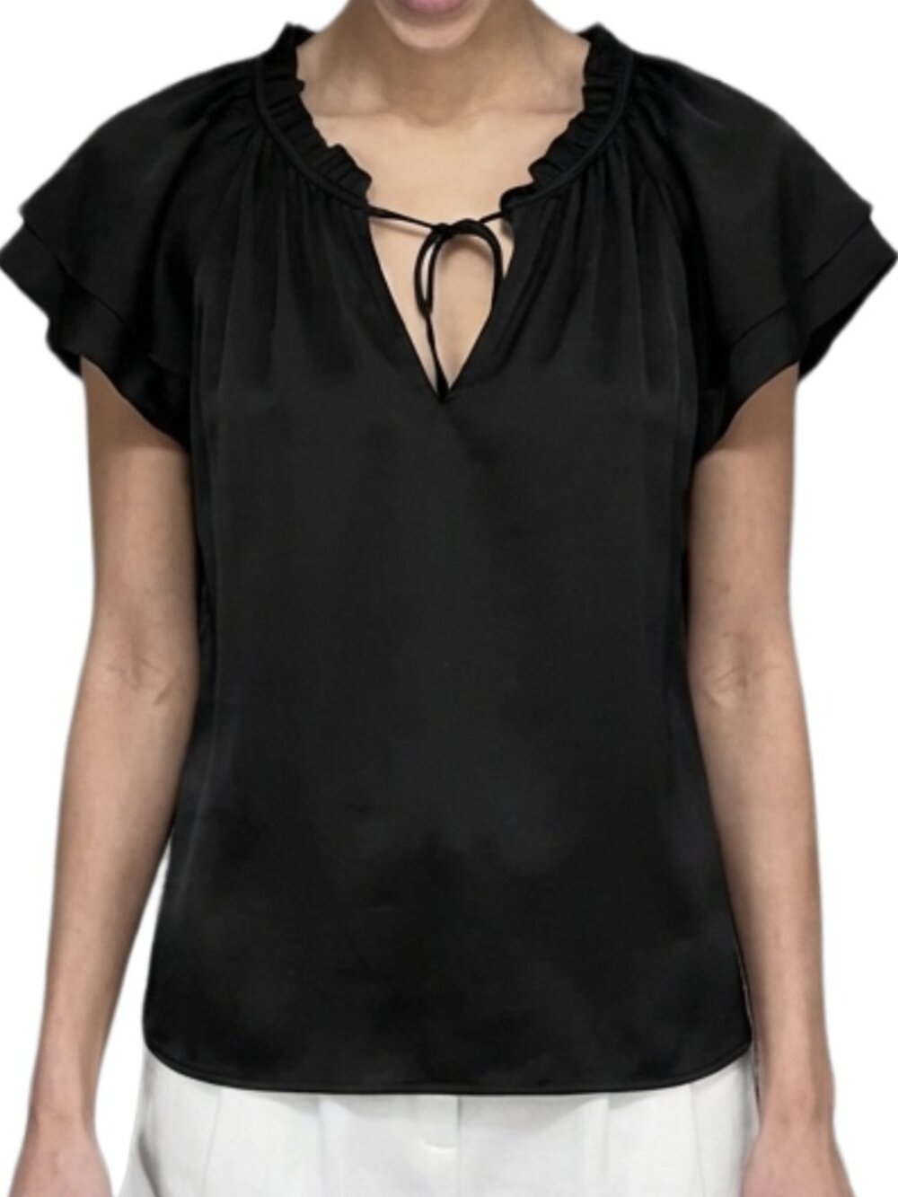 Banana Republic lightweight silky satin ruffle neck flutter sleeve top